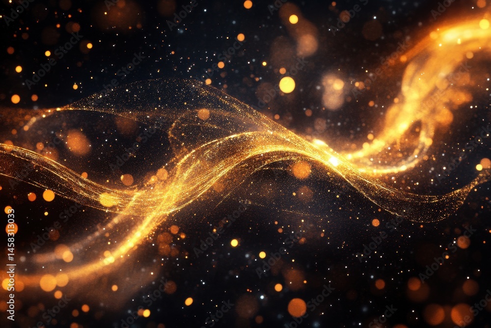 Poster glowing golden paths intertwining with vibrant lights creating a mesmerizing abstract display, abstr
