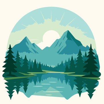 Scenic mountain landscape with lake, pine trees, and sunrise. Flat vector, clean style, ideal for nature and outdoor themes.