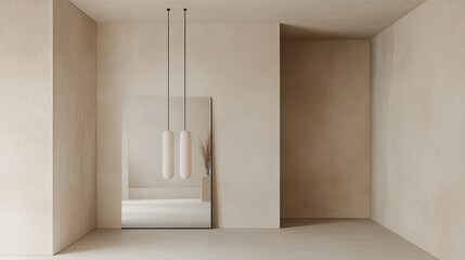 Modern minimalist interior with beige walls mirror and pendant lamp