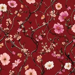 Elegant floral pattern featuring pink and white flowers intertwined with dark vines on a rich red background