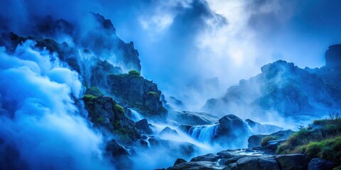 Naklejka premium Dense blue mist swirls upwards from a rocky terrain, filling the air with an otherworldly presence , abstract