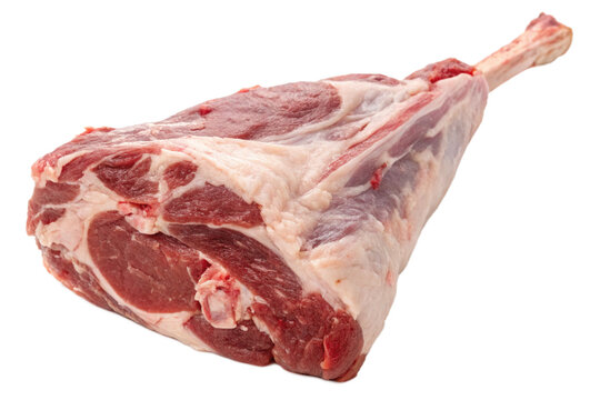 fresh meat for roasting or grilling: a raw leg of lamb or mutton on bone, ready for food preparation
