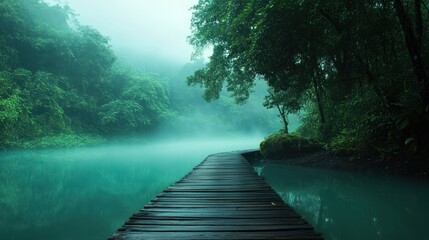 Misty forest river walkway