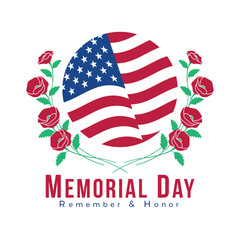 Memorial Day Of USA - Circle American Flag sign and poppies flower roll around vector design