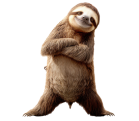 Playful sloth leaning with crossed arms and smile isolated on white background.
