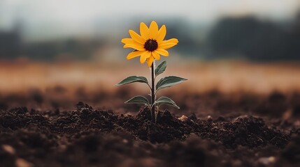 Single Yellow Sunflower Sprout Growing in Soil