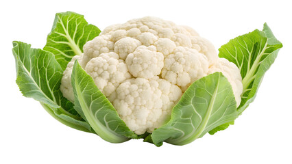 A fresh head of cauliflower with vibrant green leaves is showcased against a transparent background