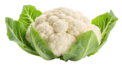 A fresh head of cauliflower with vibrant green leaves is showcased against a transparent background
