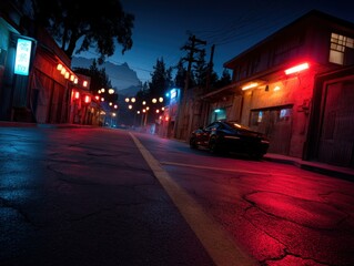 Dark sports car on cracked street with neon signs and mountain view at night
