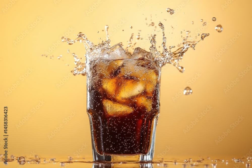 Poster enjoying a refreshing glass of cola with ice and splashing bubbles on a golden background, glass of 