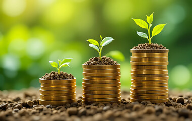Stacked gold coins increasing in height, each topped with a growing green plant. Represents sustainable investment, eco-friendly financial growth, and environmentally conscious wealth accumulation. Tr