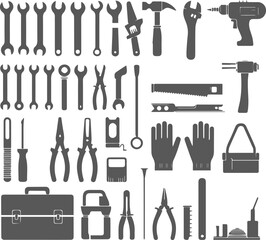 Obraz premium Silhouette collection of tools workshop equipment and repair instruments