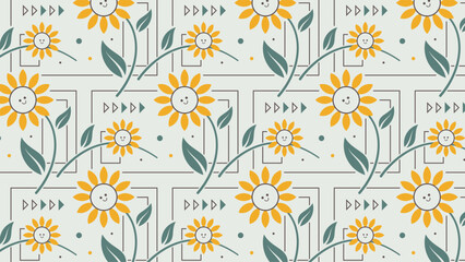 A cheerful pattern of leaves and sunflowers.