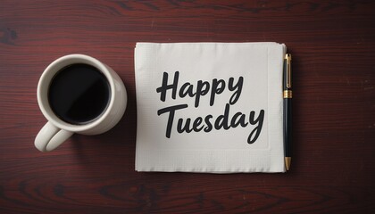 Elevated view of a coffee mug with pen and napkin with Happy Tuesday text
