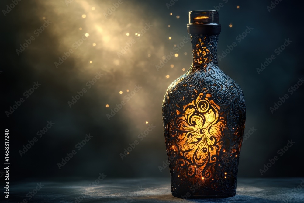 Poster elegant dark bottle with intricate design glowing under soft light in a mysterious setting, elegant,