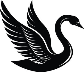 Fototapeta premium Minimalistic vector silhouette of a flying swan with curved neck on white background ideal for romance or lake theme design