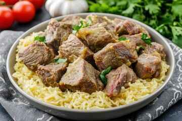 Savory beef cubes over noodles  A plate of cooked beef cubes,  with a light golden brown color,  and a hint of sauce,  over  noodles, garnished with fresh herbs