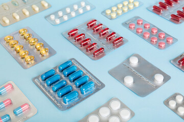 too many different pill of various blisters with different pills Medicines storage at home concept...