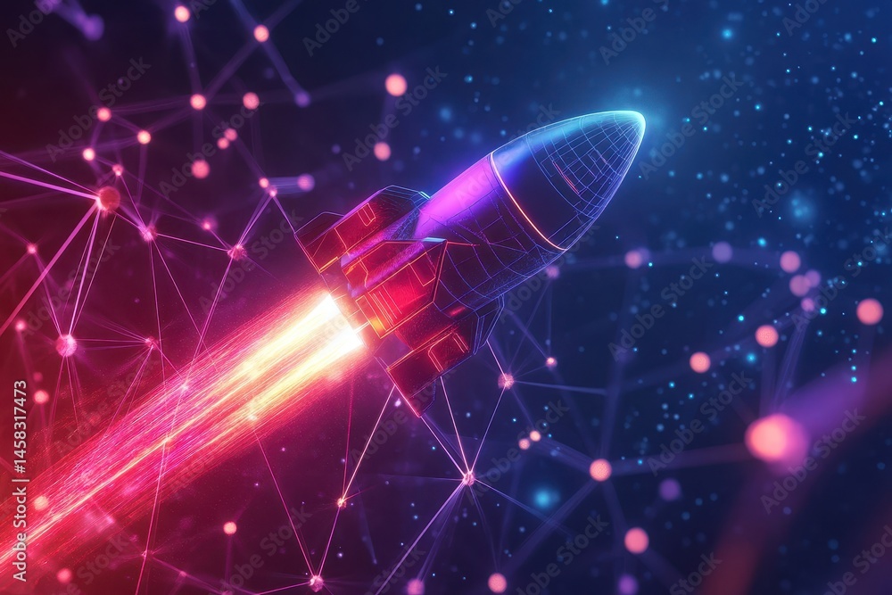 Poster digital holographic rocket soaring through a vibrant network of connections in deep space, 3d digita
