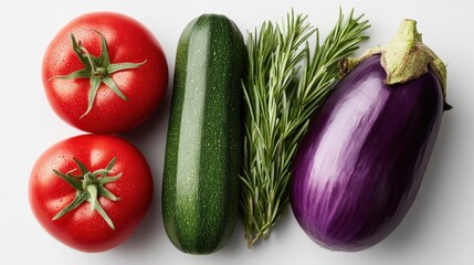 Fresh and vibrant collection of organic vegetables including bright red tomatoes green zucchini fragrant rosemary and a glossy purple eggplant showcasing healthy eating concepts