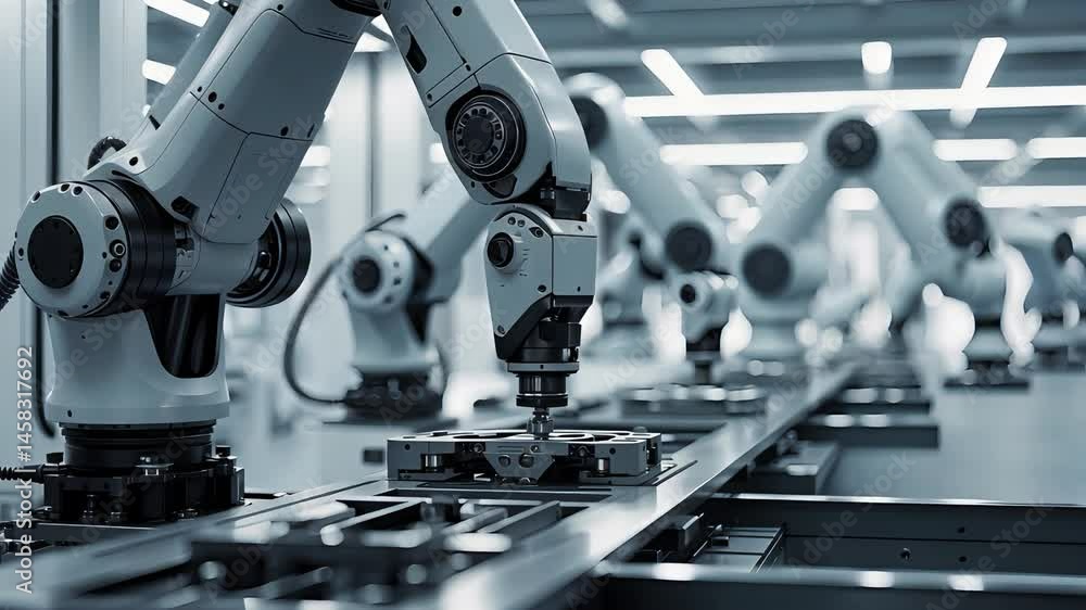 Poster robotic arms assembling components on automated production line inside advanced industrial factory w