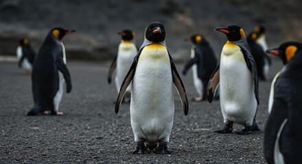 Fototapeta premium Penguins standing in formation against a rocky background 