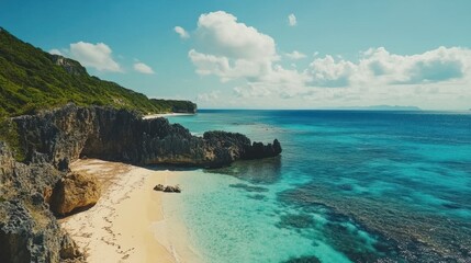 Fototapeta premium Secluded Tropical Beach Paradise: Stunning Coastal Cliffs, Azure Waters, and Pristine Sands
