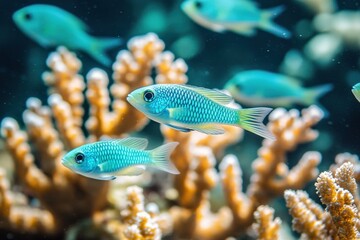 Obraz premium Blue Green Chromis Viridis swimming among vibrant corals in the Great Barrier Reef ecosystem, Blue Green Chromis Viridis in corals of Great Barrier Reef Australia ocean