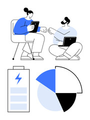 Two people with laptops and tablets discussing data insights, alongside battery and pie chart graphics. Ideal for teamwork, productivity, tech, analysis, planning, energy digital tools. Flat simple