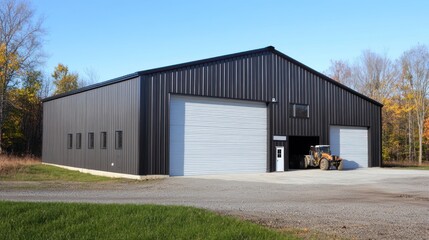 Modern black metal building with large garage doors