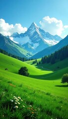 Naklejka premium Rolling green hills, snow-capped peaks in background , environment, mountain, pasture
