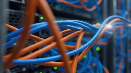 Close-up view of vibrant blue and orange network cables intertwined in a data center, showcasing technology - Powered by Adobe
