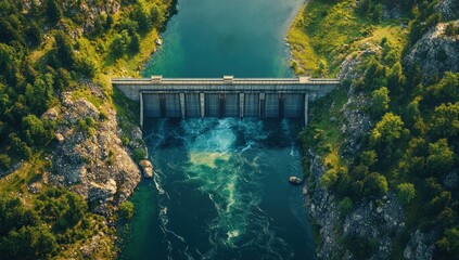 Fototapeta premium Aerial view of a dam on a mountain river