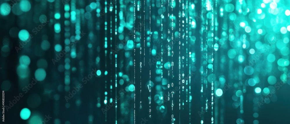 Poster digital rain teal bokeh lights and binary code stream