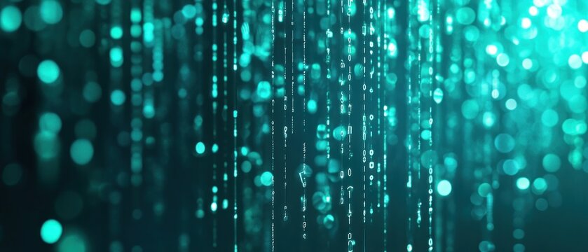 Digital rain teal bokeh lights and binary code stream