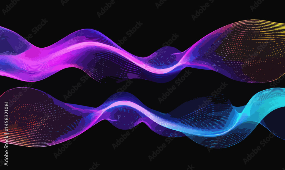Poster dynamic abstract neon particle waves on black background for tech and design
