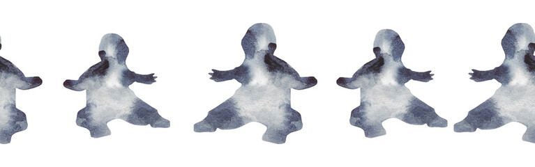 Watercolor border with silhouettes of a baby. Brush strokes in the form of blue silhouettes of bear.Silhouette of toy on white background.	