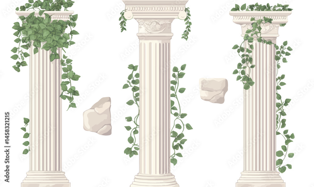 Poster ancient greek roman columns with greenery vector set in minimalist style