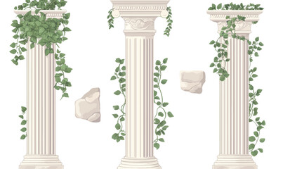 Naklejka premium Ancient Greek Roman Columns with Greenery Vector Set in Minimalist Style