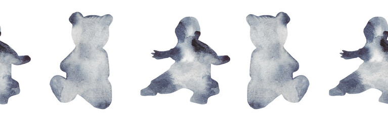 Watercolor border with silhouettes of a bear and a baby. Brush strokes in the form of blue silhouettes of bear.Silhouette of toy on white background.	