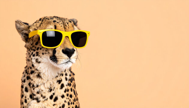 stylish cheetah wearing bright yellow sunglasses poses against warm, neutral background, exuding playful and confident vibe. This unique image captures essence of fun and fashion animal kingdom