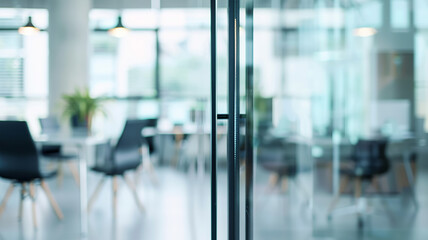 bright modern office interior, white background, blurred backdrop, glass partitions meeting room