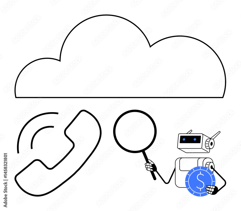 Poster cloud, magnifying glass, phone receiver, and ai robot analyzing data. ideal for cloud computing, art