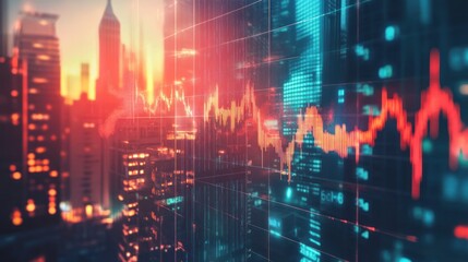 Global Market Trends: A Cityscape at Sunset with Dynamic Stock Market Data Overlay