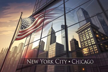 City Reflections – The flag reflected on glass buildings in NYC or Chicago.