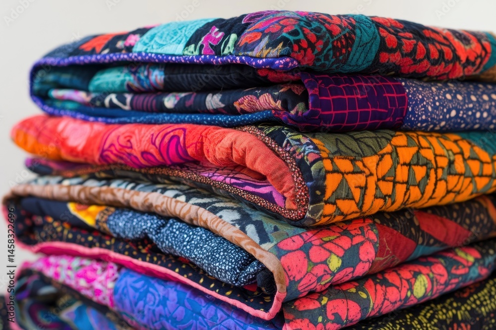 Poster colorful folded quilt collection showcasing intricate patterns and textures displayed at a craft fai
