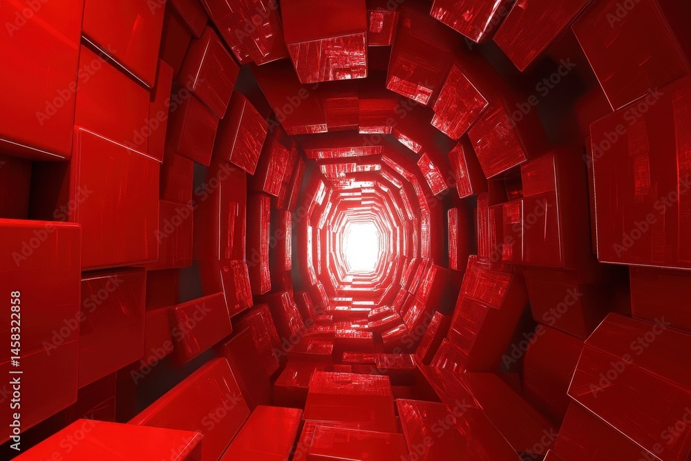 Poster smooth red blocks form a wide, spinning tunnel with a bright light at the end, 3d tunnel spinning sm