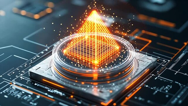 Glowing digital pyramid atop circuit board, representing data processing