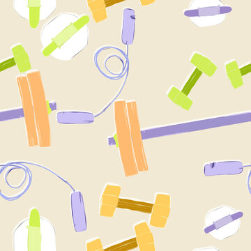 Colorful fitness equipment pattern illustration with dumbbells and jump ropes