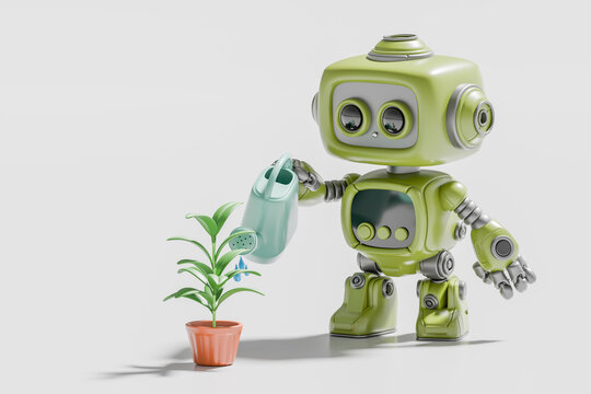 3D rendering of a cute green robot watering a potted plant